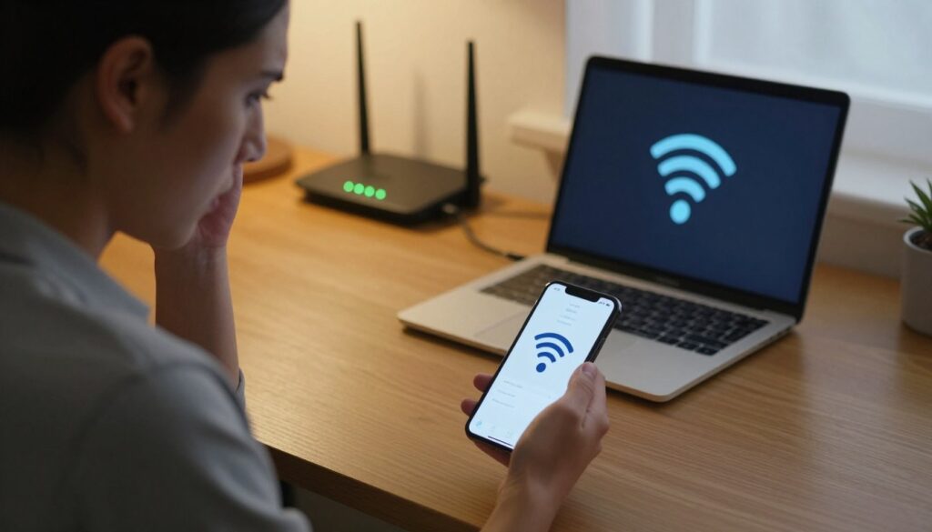 A modern smartphone on a wooden desk, showing a slow Wi-Fi connection icon, with a frustrated user in modest casual clothing, glancing at their phone. In the background, a laptop and tablet connected to the same Wi-Fi network, both displaying fast connection indicators. Soft, warm lighting from a nearby window casts a cozy glow across the scene, highlighting the contrast between devices. A wireless router can be seen on a shelf, with several green indicator lights, emphasizing that the connection is stable for other devices. The mood is a blend of mild frustration and curiosity, capturing the essence of the issue. The scene is framed in a slightly tilted angle for a dynamic perspective.