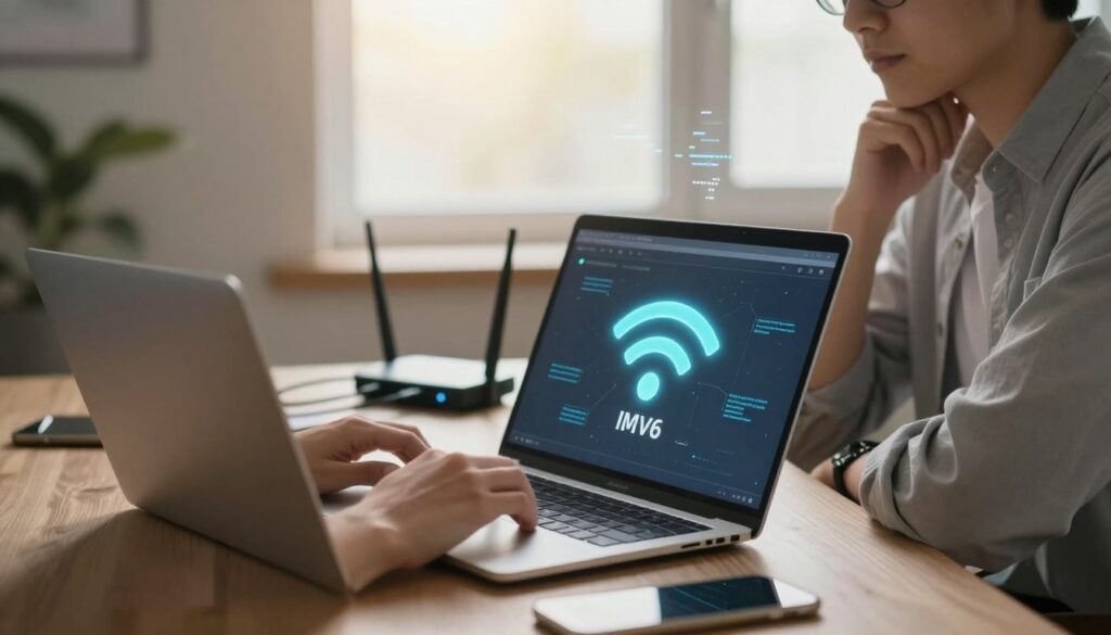 A peaceful home office scene depicting a professional working on a laptop. In the foreground, a person dressed in smart casual attire is seated at a desk, focused on their screen with a look of concentration, symbolizing the resolution of Wi-Fi issues. In the middle ground, a router with glowing LEDs represents connectivity; cables connected to various devices illustrate the network setup. The background features soft natural lighting coming through a window, casting a warm glow and creating an inviting atmosphere. Subtle, blurred silhouettes of digital data streams in the air suggest the underlying technology of IPv6 and its impact on Wi-Fi stability. The overall mood is calm and productive, evoking a sense of connection and resolution.