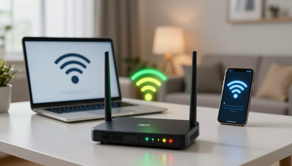 A professional home office setup featuring an ISP router prominently displayed in the foreground, showcasing its signal strength indicators glowing in vibrant colors like green, yellow, and red. In the middle ground, a laptop and a smartphone are shown, both displaying Wi-Fi signal strength icons that reflect varying levels of connectivity. The background includes a cozy living room environment with soft ambient lighting, highlighting the need for optimal router placement. A window allows natural light to filter in, creating an inviting atmosphere. The image conveys a sense of frustration and determination to improve Wi-Fi connectivity without replacing the router, with a focus on the importance of placement and minimizing interference. The overall mood is analytical yet hopeful.