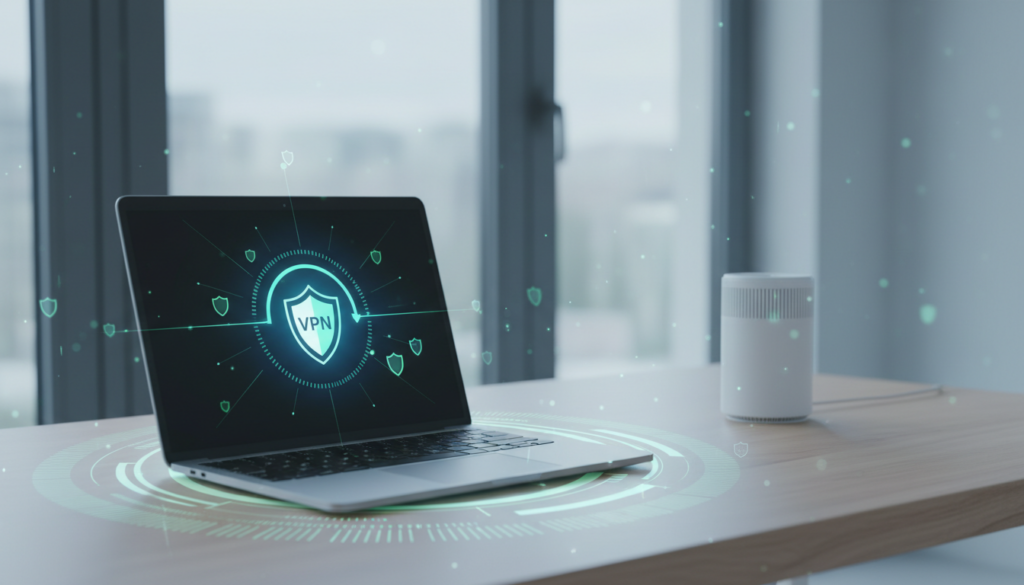 A serene home office scene illustrating a VPN connection as the focal point. In the foreground, a sleek laptop displays a glowing VPN status icon on the screen, signaling an active connection. The middle ground features a clutter-free desk with a modern router and subtle digital shields symbolizing security and protection. Soft blue and green lighting creates a calm atmosphere, highlighting the technology. The background includes a blurred window with soft daylight streaming in, hinting at a cozy work environment. The angle is slightly above eye level, providing a dynamic view of the setup. The overall mood conveys sophistication and professionalism, emphasizing connectivity and security without distractions.