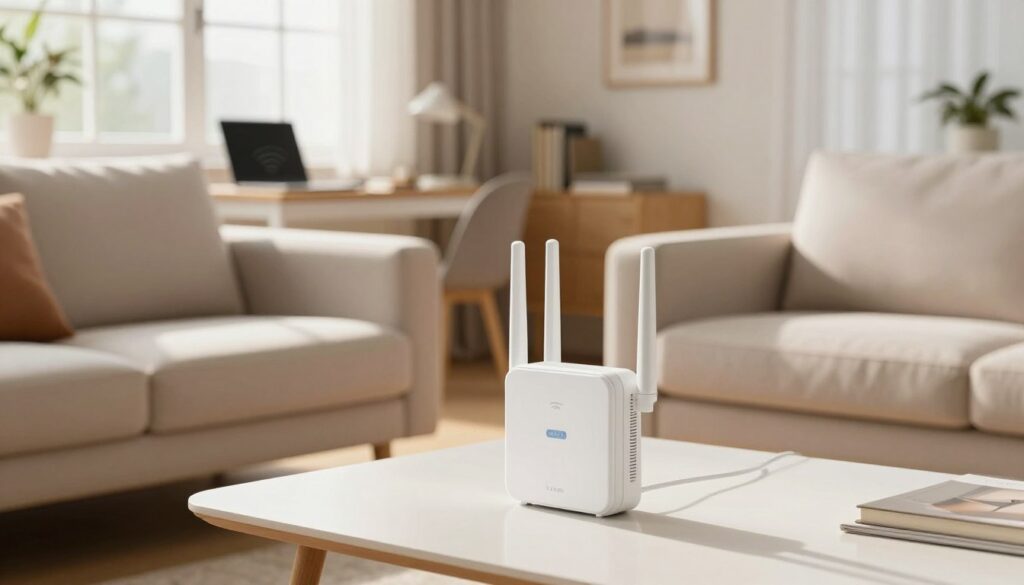 A serene living room scene showcasing a modern Wi-Fi extender placed in a bright, airy space. In the foreground, the extender sits elegantly on a sleek coffee table, highlighted by warm, natural light streaming through large windows. The middle ground features a cozy sofa arranged thoughtfully with minimalistic decor, symbolizing comfort and connectivity. In the background, a clear view of a home office setup can be seen, representing areas with strong Wi-Fi signal, as well as a distant corner depicting weak-signal zones with slightly faded lighting. The overall atmosphere conveys a sense of harmony and efficiency, emphasizing the sweet spot concept for optimal Wi-Fi coverage. The angle is slightly above eye level, creating depth and focus on the extender’s placement without distractions.