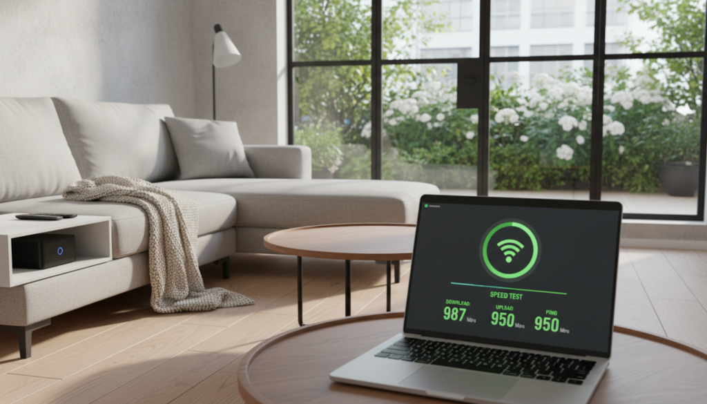 A sleek and modern living room setup featuring a laptop on a stylish coffee table with an open window showing greenery outside. In the foreground, display a close-up of a speed test application running on the laptop screen, showing a strong Wi-Fi signal and fast download/upload speeds. In the middle ground, include a comfortable couch with a cozy throw and a digital streaming device on a nearby shelf, indicating a vibrant entertainment space. The background should have soft, natural lighting filtering through the window, casting gentle shadows and creating a warm, inviting atmosphere. Ensure the scene feels professional yet relaxed, suitable for addressing common Wi-Fi issues in streaming. The angle should be slightly elevated, showcasing both the laptop and the surrounding decor.