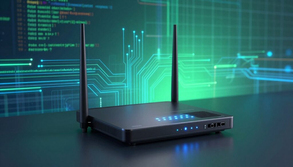 A sleek and modern router surrounded by a digital atmosphere, showcasing vibrant data streams and abstract representations of firmware updates. In the foreground, the router is presented at a slightly angled view, emphasizing its LED indicators glowing with a soft blue light, symbolizing active connections. The middle ground features dynamic lines of code and intricate circuits, hinting at firmware integration and updates in process. The background transitions into a futuristic grid pattern, softly illuminated with gradients of green and blue, conveying a sense of enhanced security and performance. Soft, diffused lighting enhances the tech ambiance, while a subtle depth of field keeps the focus on the router, creating a composed and professional atmosphere, ideal for illustrating the importance of router firmware updates.