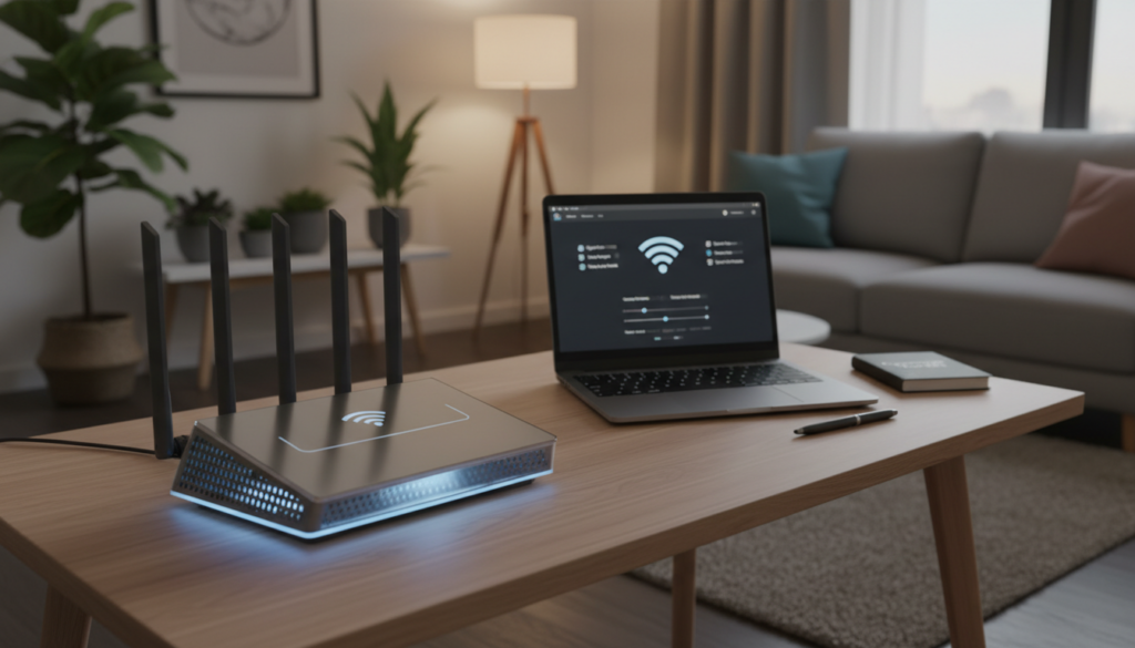 A sleek, modern router positioned prominently in the foreground, showcasing its multiple antennas and LED lights that subtly illuminate in a soft blue glow. The middle ground features a clutter-free desk with a laptop displaying network settings, symbolizing the theme of optimizing Wi-Fi performance. In the background, a stylish apartment living room is visible, with warm, inviting lighting and a hint of greenery from potted plants, indicating a cozy atmosphere. The scene is captured from a slightly angled perspective, adding depth and dimension, while the overall mood is focused and tech-savvy, inviting viewers to consider smarter router settings for improved Wi-Fi signal and speed.