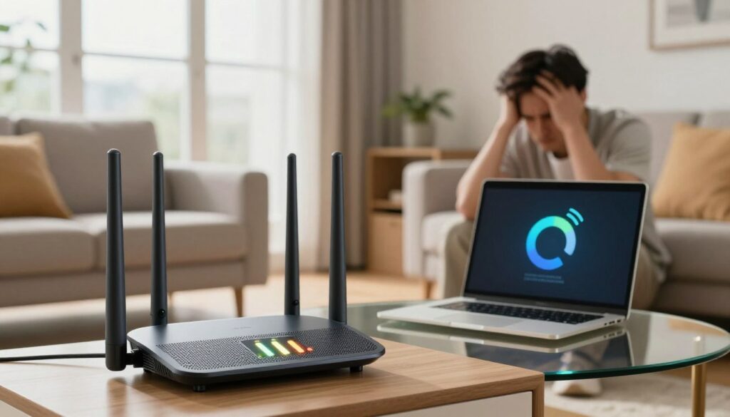 A visual representation of a mesh Wi-Fi system in a modern home setting. In the foreground, a sleek satellite unit displaying strong signal indicators with full bars lit up, symbolizing high connectivity. The middle ground features a cozy living room with stylish furniture, and a laptop on a glass coffee table struggling with slow internet speeds, indicated by a loading symbol on the screen. In the background, large windows allow soft natural light to stream in, creating a warm and inviting atmosphere. The overall mood should reflect frustration mixed with confusion. Use a focus on clarity and depth to emphasize the contrast between the full signal bars and the slow internet experience.