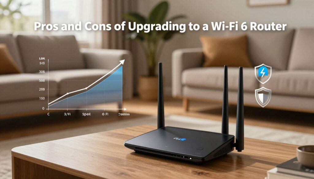 A visually engaging comparison image titled "Pros and Cons of Upgrading to a Wi‑Fi 6 Router." In the foreground, a sleek Wi-Fi 6 router sits prominently, surrounded by icons representing speed (a lightning bolt) and stability (a shield). The middle ground features contrasting graphs showing improved performance stats beside older Wi-Fi technology. In the background, a cozy modern living room offers a warm ambiance, softly lit by natural light coming through a window, reflecting a comfortable home setting. The atmosphere conveys a sense of innovation and modern technology, with smooth lines and a clean aesthetic. The camera angle is slightly angled from above, capturing the entire scene harmoniously without any text or distractions.