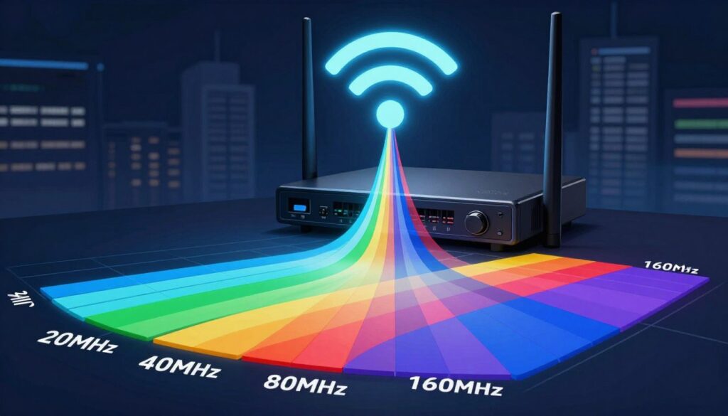 A visually engaging illustration of Wi-Fi channel width concepts, showcasing a close-up view of a digital spectrum analyzer displaying different channel widths (20MHz, 40MHz, 80MHz, and 160MHz) in colorful bands. In the foreground, have vibrant, clearly labeled channels in distinct colors against a dark background. The middle ground features a sleek router emitting signals towards the viewer, symbolizing bonded channels. Soft, dynamic lighting emphadata-sizes the intersections of the channel bands, creating a sense of depth. In the background, blurred cityscape silhouettes represent wireless connectivity in urban areas. The atmosphere is modern and technical, invoking a sense of innovation and connectivity without any text or overlays.