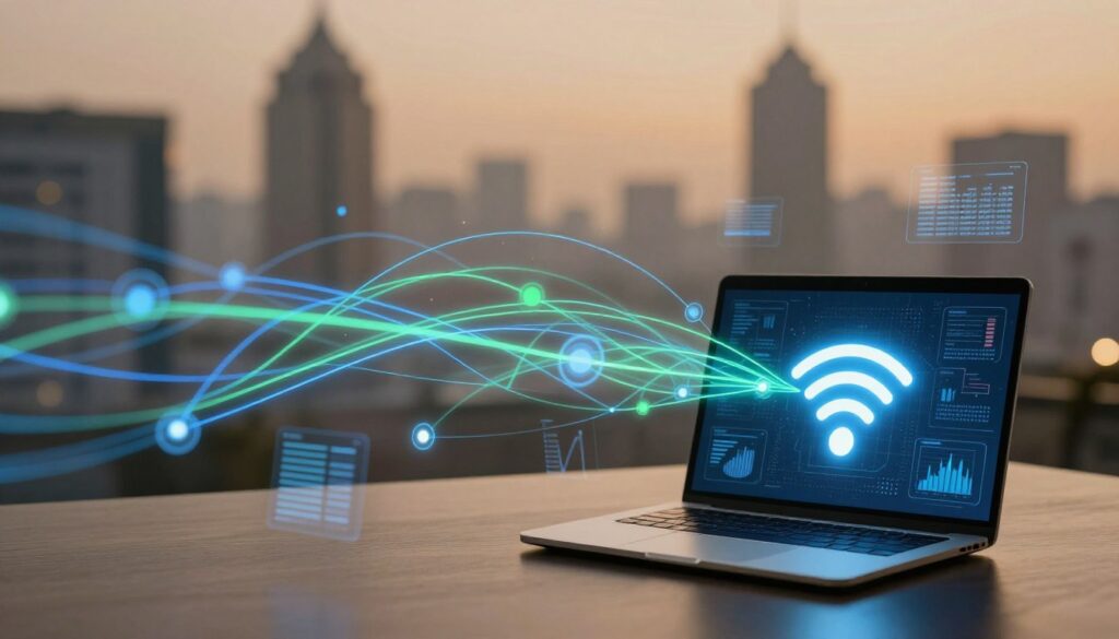 A visually striking and modern representation of a digital network, showcasing interconnected nodes and lines that symbolize data flow and connectivity. In the foreground, a sleek laptop with an illuminated screen displays a Wi-Fi signal icon indicating connection strength, while scattered around it are visual elements like graphs and digital interfaces highlighting network activity. The middle layer features an abstract representation of data packets flowing through a series of vibrant blue and green lines, creating a sense of movement and energy. In the background, blurred silhouettes of office buildings hint at a professional environment, bathed in warm, soft lighting to convey a calm yet focused atmosphere. The overall mood should feel dynamic yet balanced, capturing the essence of quick yet effective troubleshooting methods for stabilizing a Wi-Fi connection.