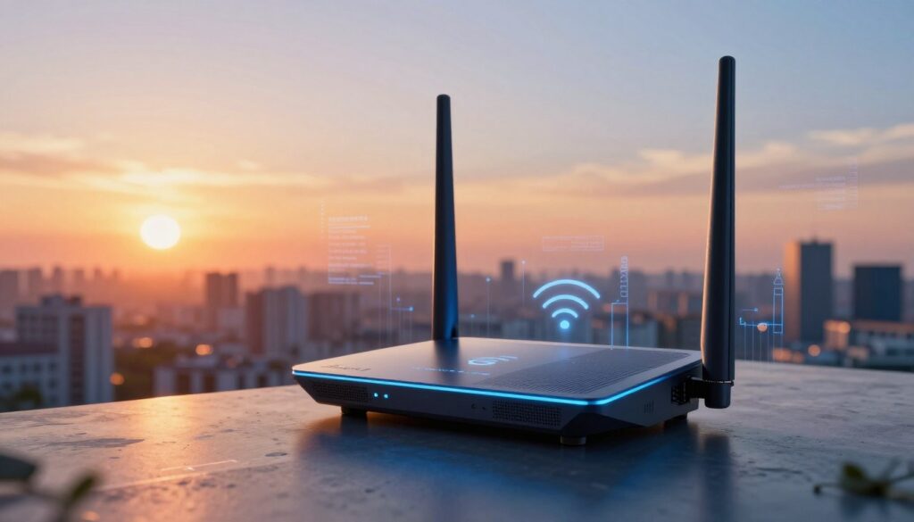 A visually striking depiction of a futuristic Wi-Fi 6E router prominently displayed in the foreground, showcasing its sleek, modern design with illuminated antennas that imply connectivity at 6 GHz. The middle ground features a cityscape, symbolizing real-world environments where this technology operates, with subtle digital data streams and the suggestion of devices connected seamlessly through the airwaves. In the background, a vibrant sunset casts warm lighting, creating an atmosphere of innovation and advancement. The perspective is from a low angle, emphasizing the router as the centerpiece, while the colors blend from warm oranges and yellows to cool blues, representing the transition of Wi-Fi technology. Ensure no text, logos, or watermarks are present in the image.