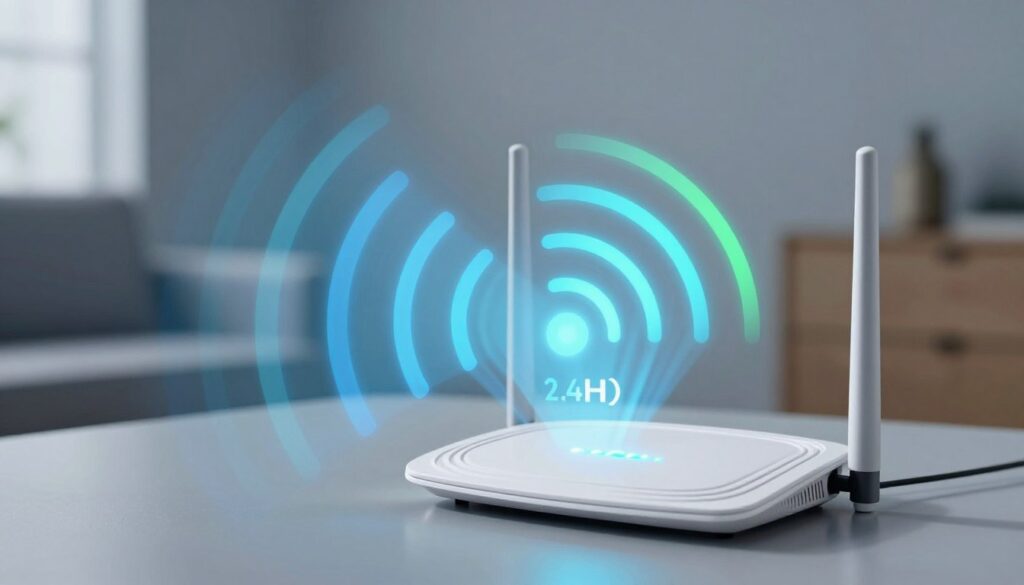 A visually striking representation of a 2.4 GHz WiFi signal emanating from a modern router. In the foreground, a sleek white router with a sleek, aerodynamic design, featuring LED indicators glowing softly. Vibrant waves of radio signals, depicted as translucent blue and green arcs, radiate from the router in a circular pattern, illustrating the spread of the 2.4 GHz signal. In the middle ground, a subtle gradient fades into soft, blurred outlines of a living room or office setting, suggesting a real-world environment. The background features an abstract representation of varying obstacles like walls and furniture, subtly depicted to signify interference. Soft, ambient lighting enhances the scene, creating a professional and informative atmosphere that highlights the technology. The overall mood is modern and tech-focused, with an emphasis on clarity and coverage.