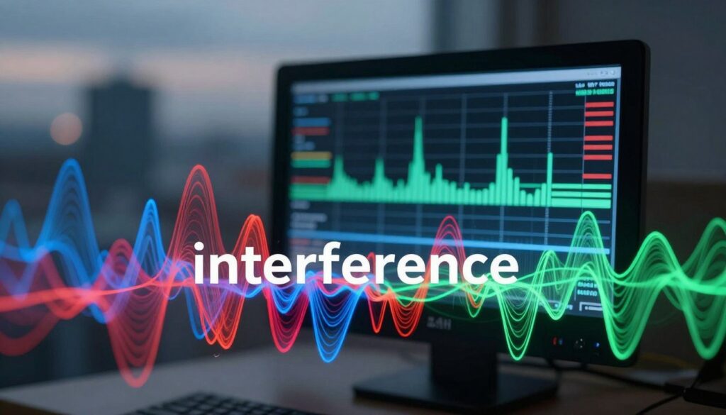 A visually striking representation of "interference" in a 2.4 GHz Wi-Fi environment. In the foreground, a close-up of overlapping, distorted wireless signals in vibrant colors like red, blue, and green, depicting a chaotic flow of data waves. The middle ground shows a digital spectrum analyzer displaying fluctuating lines and bars, indicating varying signal strengths and disruptions. The background features an abstract urban landscape with silhouetted buildings under a slightly overcast sky, suggesting a busy, connected environment. Soft, diffused lighting enhances the ethereal quality of the signals, while dramatic shadows add depth to the composition. The overall mood is tense and visually dynamic, illustrating the complexities of wireless interference.