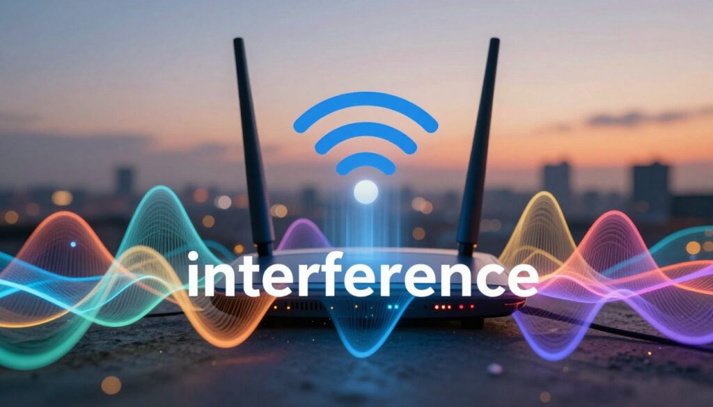 A visually striking representation of "interference" in a digital network context. In the foreground, abstract waves of vibrant colors, representing various Wi-Fi signals, clash and overlap, creating a chaotic yet harmonious visual metaphor for interference. The middle ground features a stylized Wi-Fi router emitting these colorful signals, with subtle details like LED indicators glowing softly. In the background, a serene, blurred cityscape under a twilight sky, hinting at the real-world environment where these signals propagate. The lighting is a mix of warm and cool tones, symbolizing the duality of speed and stability in Wi-Fi channels. The atmosphere conveys a sense of dynamic energy, showcasing both the complexity and the potential of network communications. No text or watermarks present.