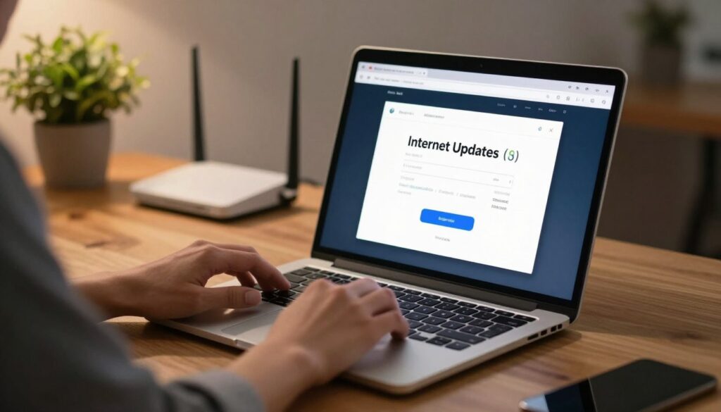 A workspace highlighting internet updates, featuring a sleek modern MacBook on a wooden desk, with an open browser displaying a software update notification. In the foreground, there's a close-up of a hand reaching for the laptop's keyboard, depicting a user in professional attire, focused on making updates. The middle ground showcases a soft-lit ambiance, with a potted plant and a wireless router in the background emitting a subtle glow, symbolizing connectivity. The lighting is warm and inviting, creating a productive atmosphere. Use a shallow depth of field to blur the background softly, emphasizing the act of updating. The overall mood reflects a sense of urgency and efficiency, ideal for a tech-savvy article.