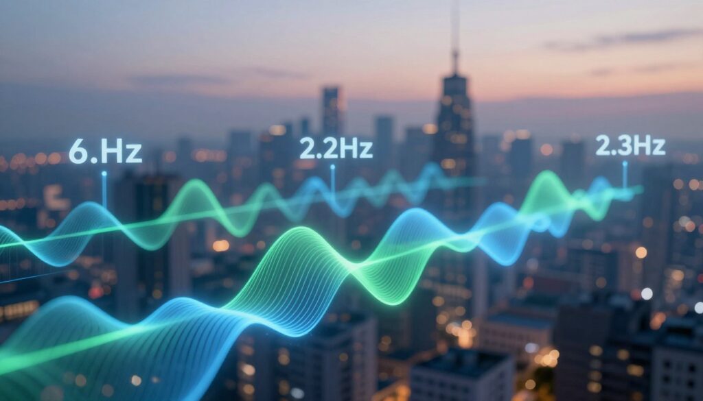 An abstract representation of the 6GHz Wi-Fi band, showcasing a visual metaphor of shorter range compared to 5GHz and 2.4GHz. In the foreground, a glowing wave propagates in a spectrum of blue and green hues, symbolizing the 6GHz frequency. In the middle, distinct, smaller waveforms illustrate the 5GHz and 2.4GHz bands, extending further into the background, demonstrating their broader reach. The background features a city skyline bathed in soft twilight, with subtle light trails indicating data transmission. The overall atmosphere is a blend of technology and connectivity, emphasizing the limitations of the 6GHz range. Use soft, diffused lighting with a slight bokeh effect to create depth and focus on the Wi-Fi waves. Capture this scene from a slightly elevated angle for a comprehensive view.