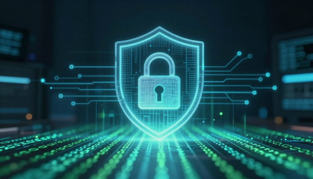 An intricate visualization of the Advanced Encryption Standard (AES) in a digital context, featuring a close-up of a glowing, abstract representation of encrypted data streams with binary code cascading through the forefront. In the middle ground, overlay a translucent shield symbolizing security, intertwined with circuit-like patterns reflecting modern technology. The background should depict a dark, high-tech environment with subtle blue and green lighting, enhancing the mysterious and secure atmosphere. Utilize a macro lens effect to create depth of field, focusing sharply on the encrypted elements while softening the background elements. Aim for a futuristic and professional mood that resonates with cybersecurity themes, ensuring a sleek and polished look throughout the composition.