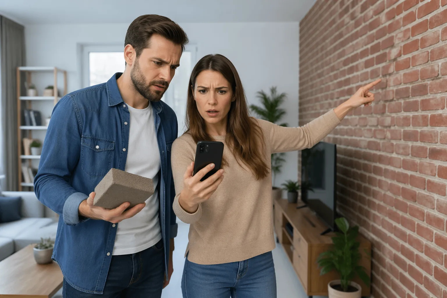 A man and a woman examining a smartphone in a living room, discussing the impact of concrete and brick on Wi-Fi signals.