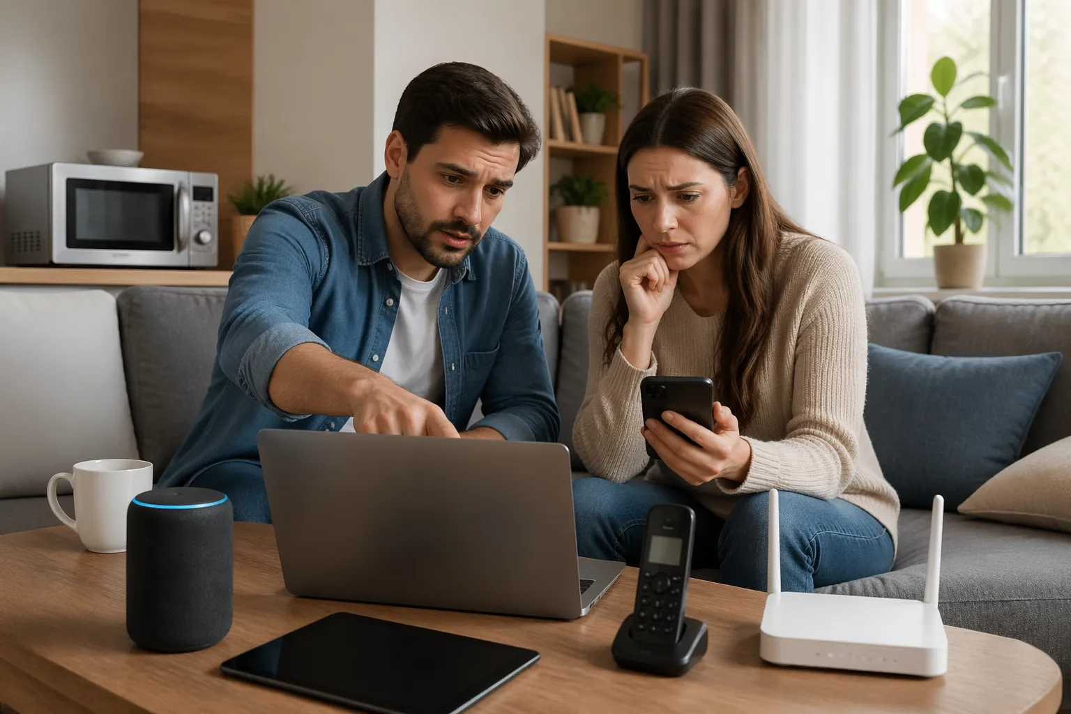 A man and a woman examining a laptop and smartphone in a living room with various electronic devices around them.