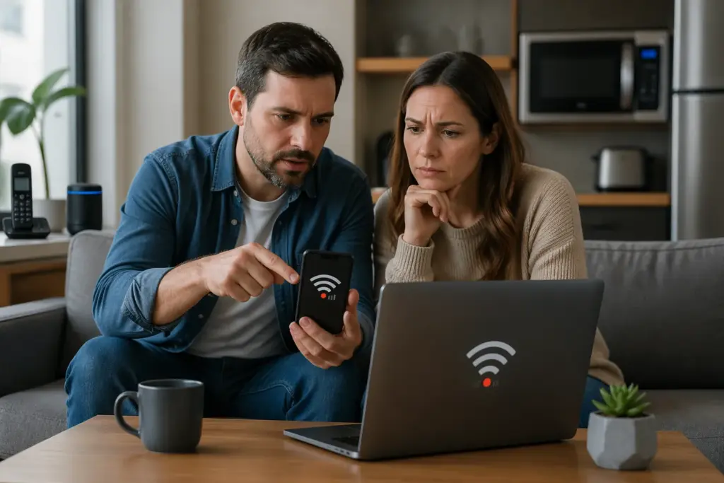 A man and a woman examining Wi-Fi signal strength on their smartphone and laptop in a living room filled with electronic devices.
