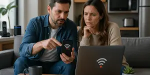 A man and a woman examining Wi-Fi signal strength on their smartphone and laptop in a living room filled with electronic devices.