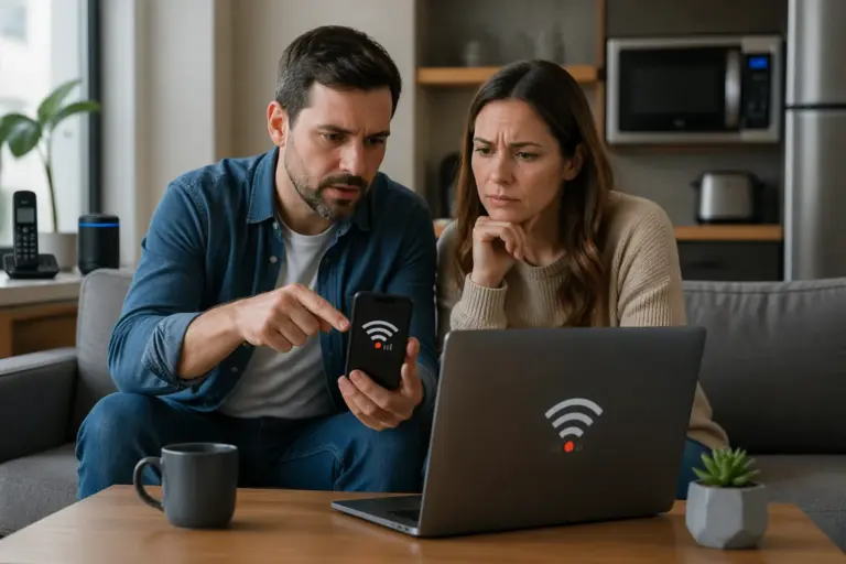 A man and a woman examining Wi-Fi signal strength on their smartphone and laptop in a living room filled with electronic devices.