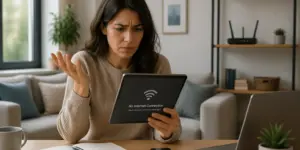 A woman frustrated with her iPad showing a Wi-Fi connection error in a home office setting