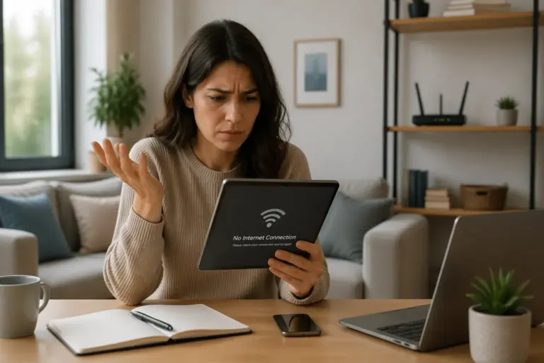 A woman frustrated with her iPad showing a Wi-Fi connection error in a home office setting