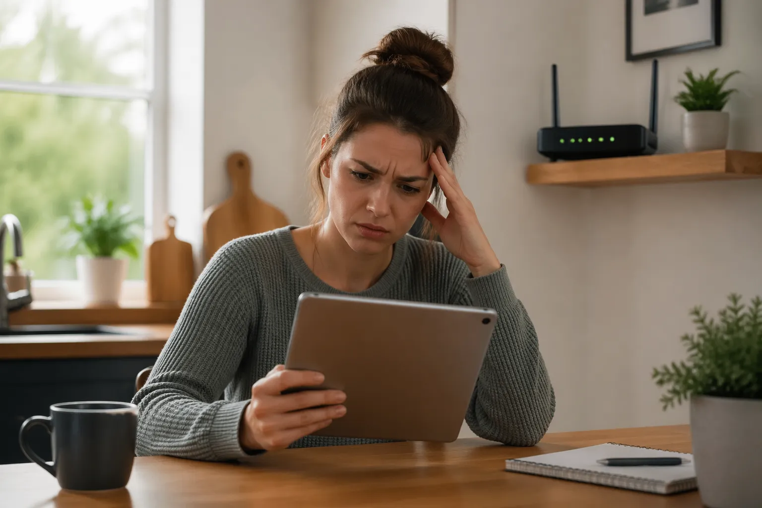 A young woman looking frustrated while holding her iPad at a kitchen table, indicating a Wi-Fi connection issue.