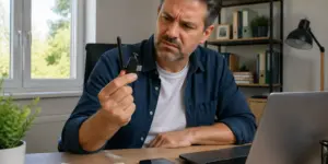 A man examining an old wireless adapter while sitting at a desk with a laptop and smartphone, showing frustration over internet speed issues.