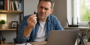 A man examining an old wireless adapter while using a laptop in a home office.
