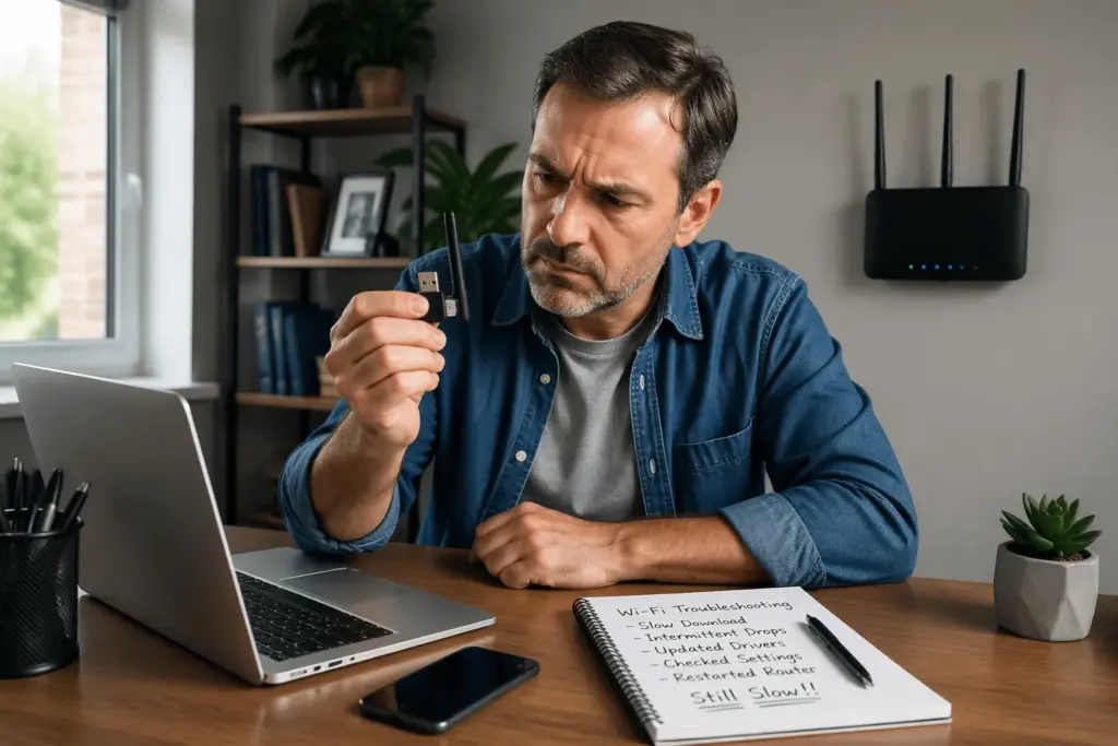 A man inspecting an old wireless adapter in his home office while looking frustrated about his internet speed.