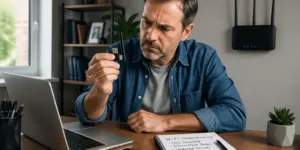 A man inspecting an old wireless adapter in his home office while looking frustrated about his internet speed.