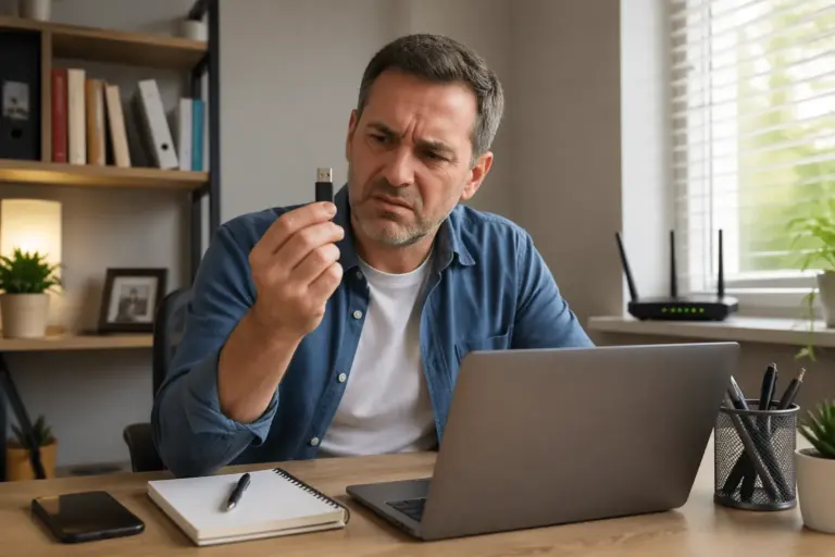 A man examining an old wireless adapter while using a laptop in a home office.