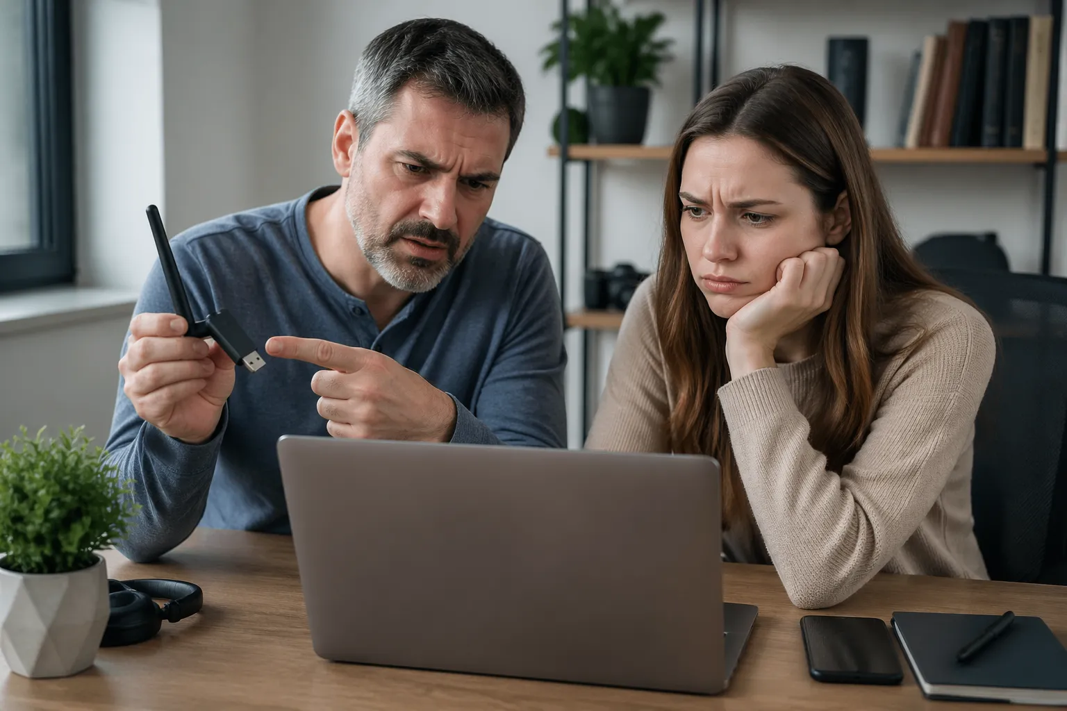A man and a woman discussing a laptop showing low internet speeds, with an old wireless adapter in hand.
