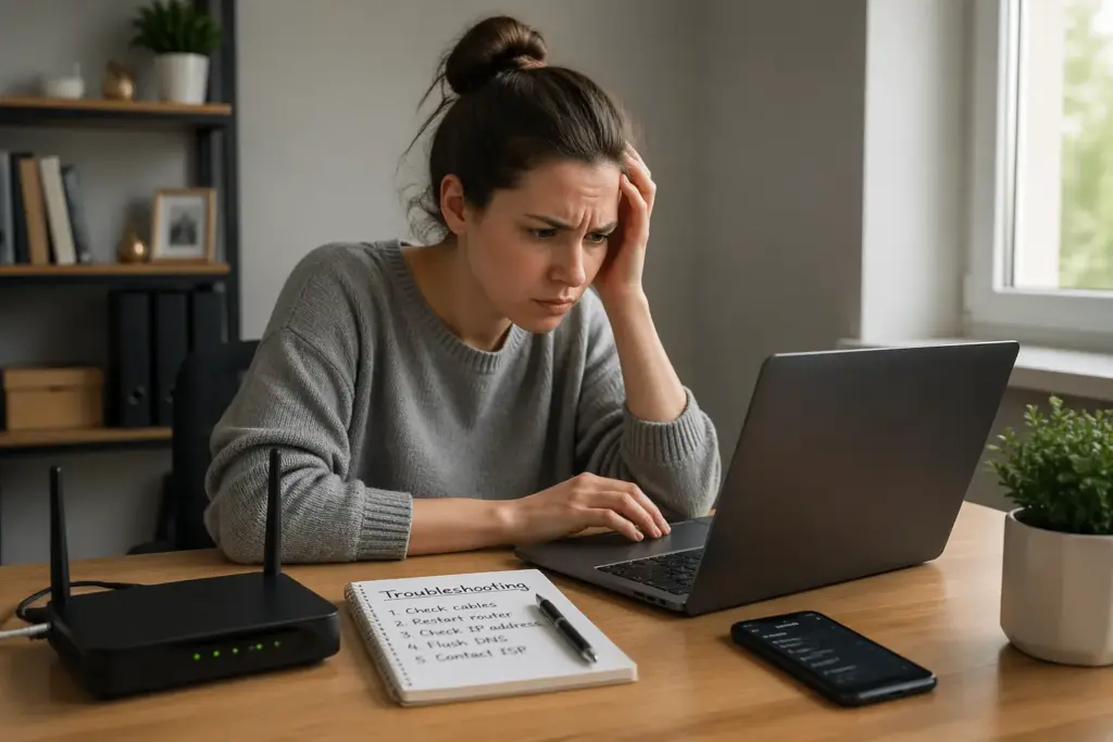 A young woman looking frustrated at her desk while trying to access her router's admin page on her laptop.