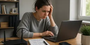 A young woman looking frustrated at her desk while trying to access her router's admin page on her laptop.