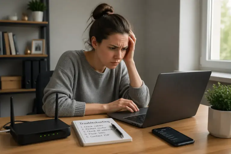 A young woman looking frustrated at her desk while trying to access her router's admin page on her laptop.