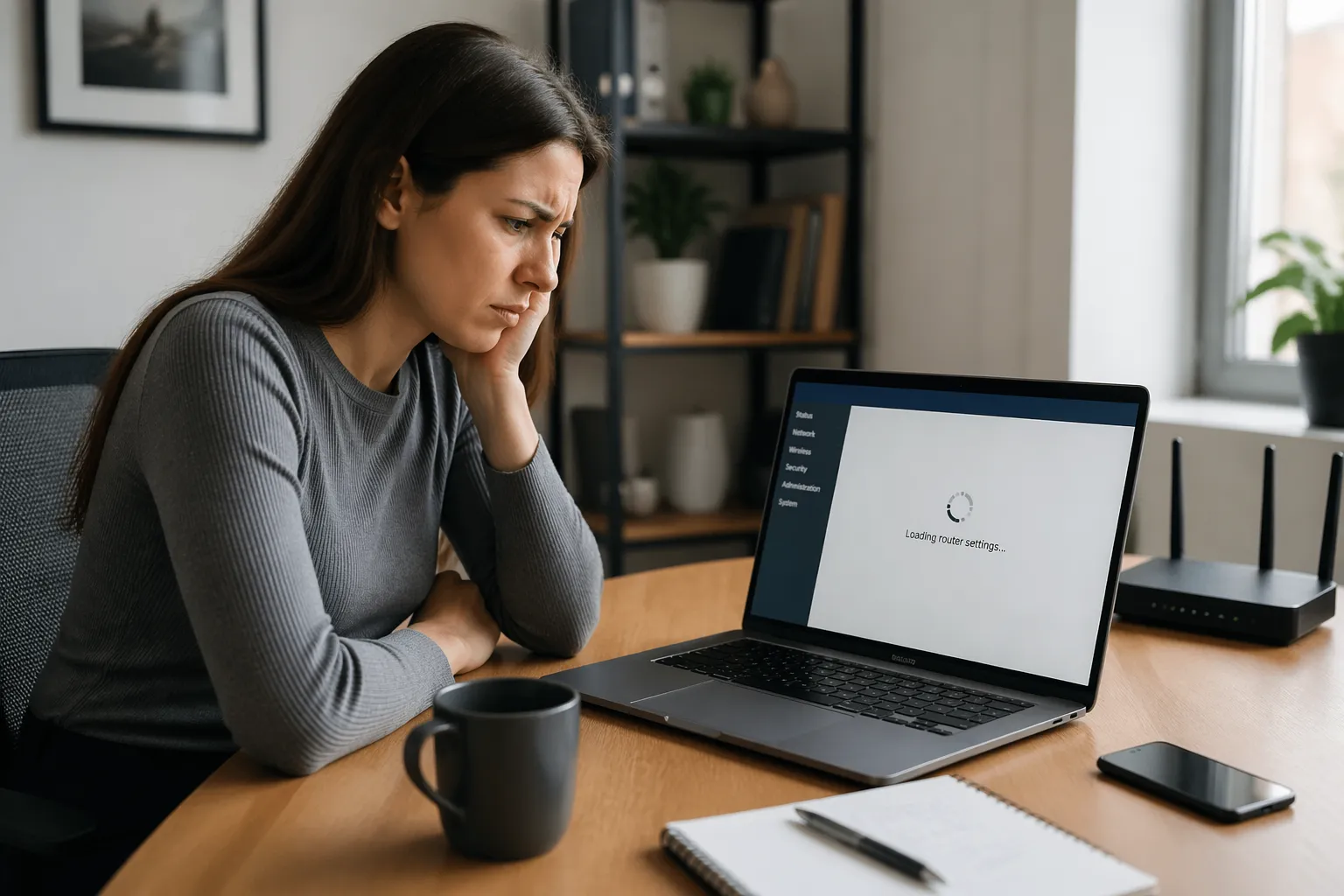 A young woman looking frustrated at her laptop while trying to access her router admin page in a home office.