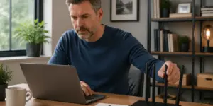 A man adjusting router settings on his laptop in a home office to troubleshoot Wi-Fi issues
