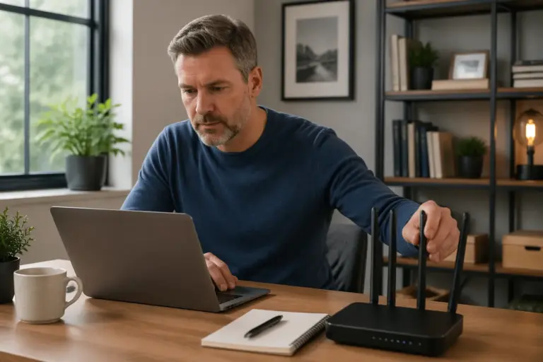 A man adjusting router settings on his laptop in a home office to troubleshoot Wi-Fi issues