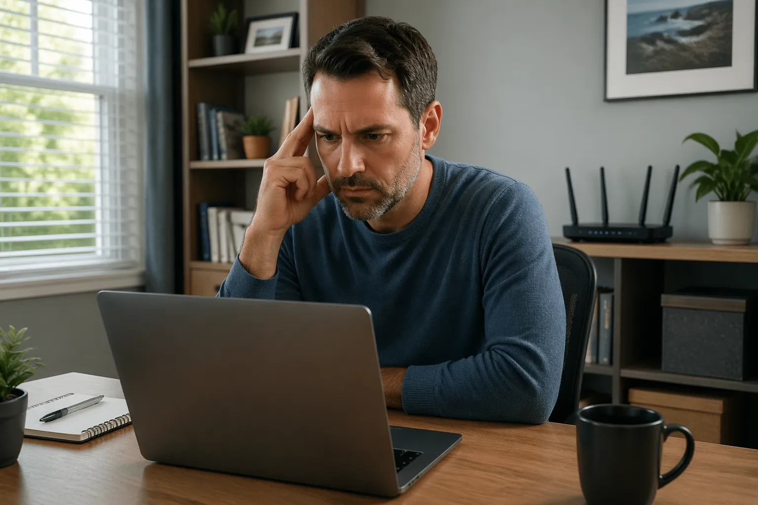 A man examining router firewall settings on a laptop in a home office