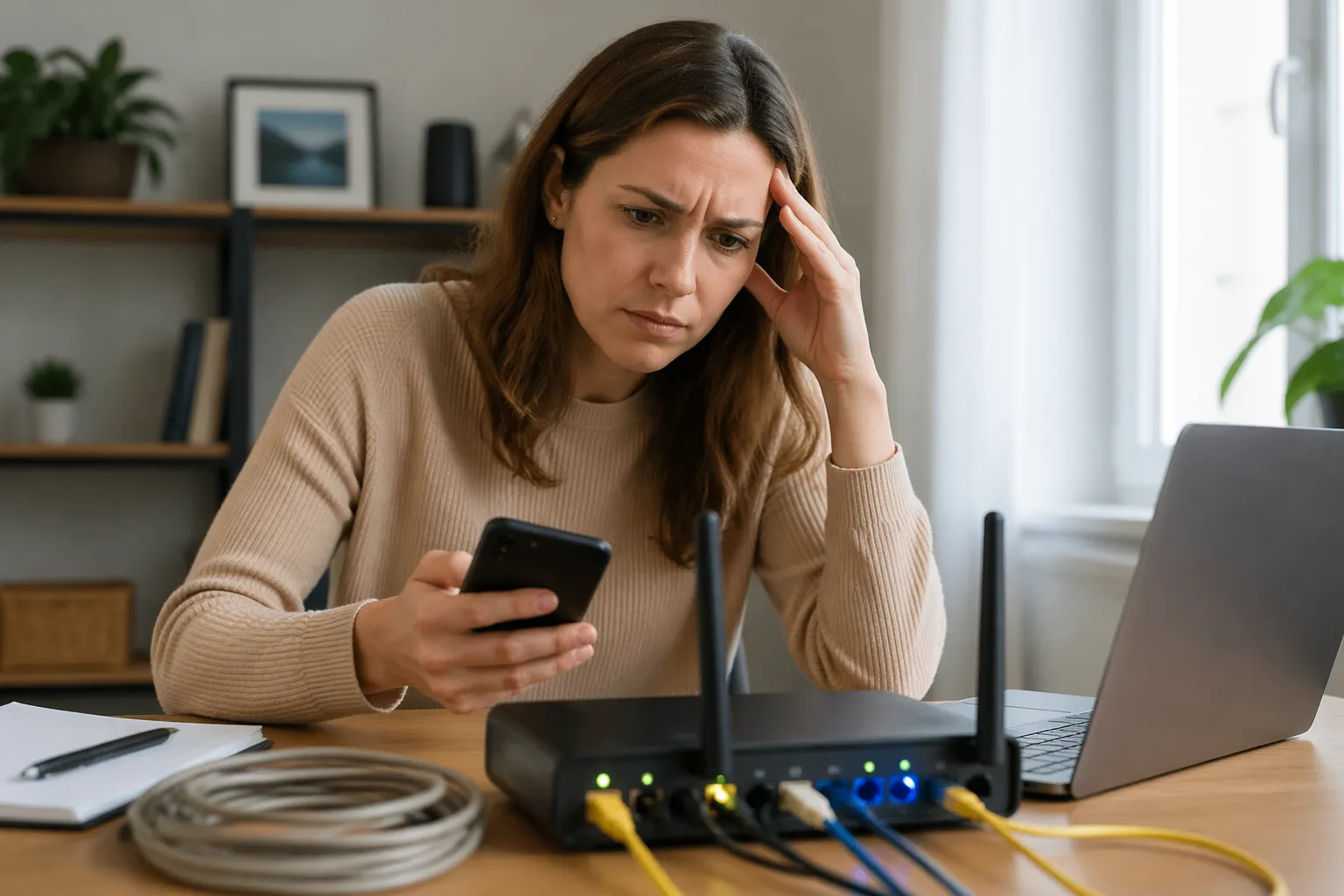 A young woman examining a router with colored lights while holding a smartphone in a home office setting