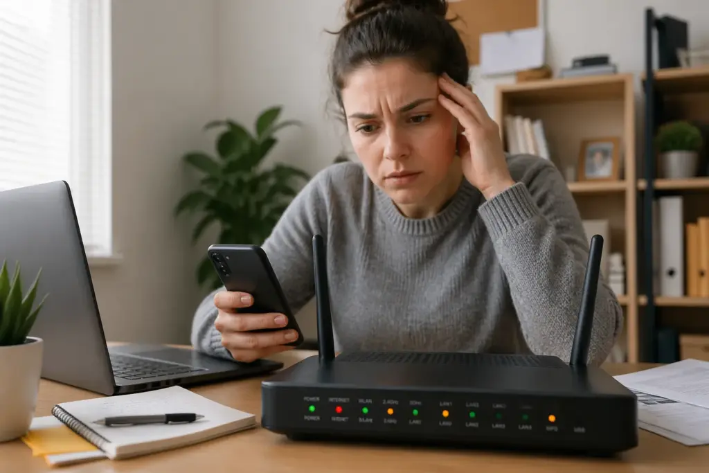 A young woman examining a router with colorful lights while holding a smartphone in a home office setting.