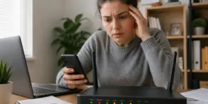 A young woman examining a router with colorful lights while holding a smartphone in a home office setting.