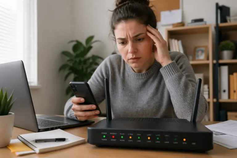 A young woman examining a router with colorful lights while holding a smartphone in a home office setting.