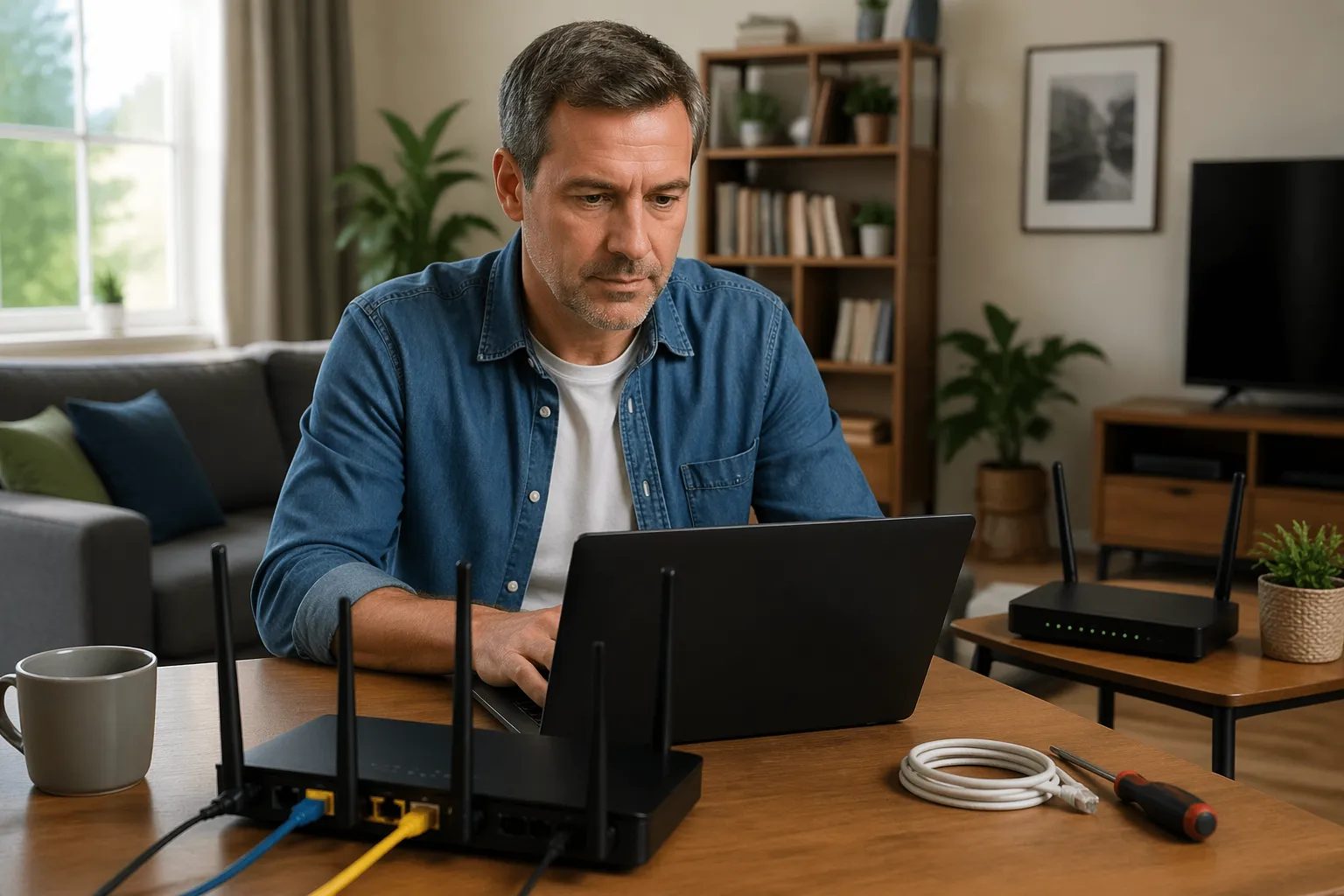 A man is configuring a router for a guest Wi-Fi network in a living room.
