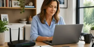 A woman setting up a guest Wi-Fi network on her laptop at a home office desk