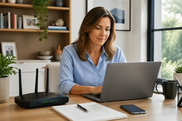 A woman setting up a guest Wi-Fi network on her laptop at a home office desk