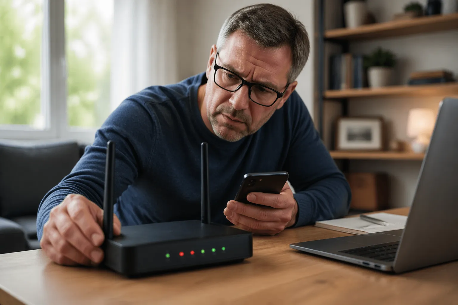 A man inspecting a Wi-Fi router in his home office, showing signs of potential failure.