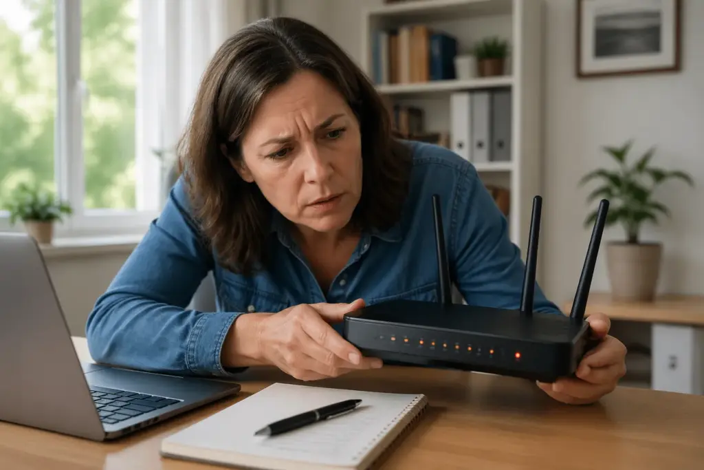 A woman examining a Wi-Fi router with blinking lights in her home office, indicating potential failure.
