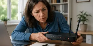 A woman examining a Wi-Fi router with blinking lights in her home office, indicating potential failure.